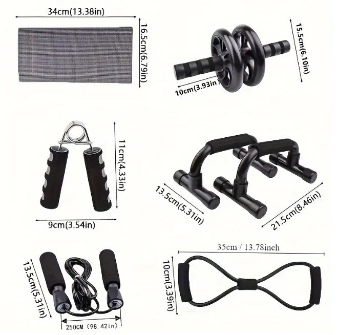 Seven-piece Fitness Set For Small Home Use, Skipping Rope, Grip Strengthener, Push-ups, Abdominal Wheel, Muscle - Portable Equipment For Muscle Strengthening, Core Workout For Men And Women