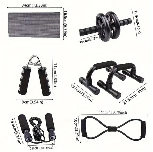 Seven-piece Fitness Set For Small Home Use, Skipping Rope, Grip Strengthener, Push-ups, Abdominal Wheel, Muscle - Portable Equipment For Muscle Strengthening, Core Workout For Men And Women